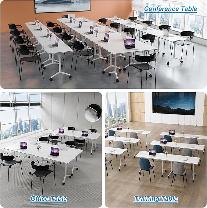 Conference Table Flip Top Mobile Conference Room Tables,Folding Conference Table with Wheels,Large Meeting Training Seminar Table Saving Space for Office Classroom (6, White, 55.1'')