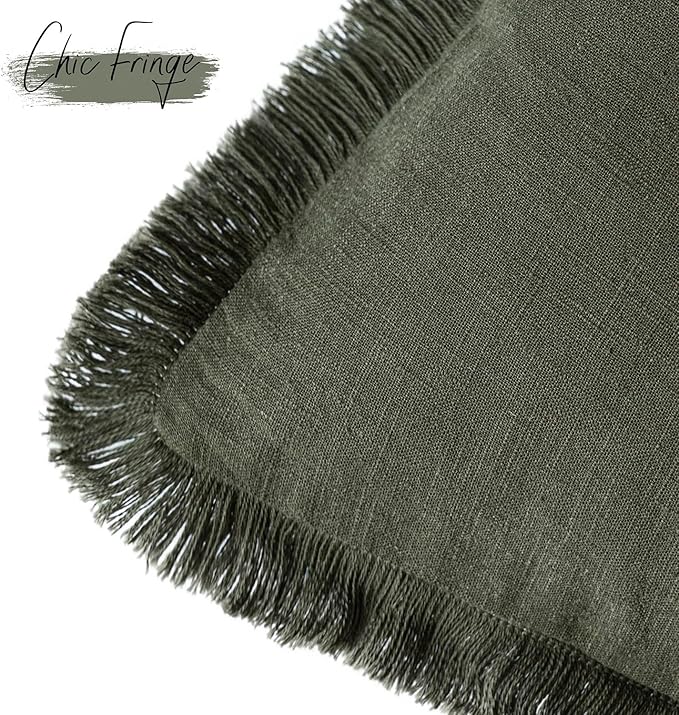 Foindtower Set of 2 Decorative Linen Fringe Throw Pillow Covers Cozy Farmhouse Cushion Cover with Tassels Accent Pillowcase for Couch Chair Sofa Bed Living Room Home Decor,22×22 Inch,Dark Olive Green