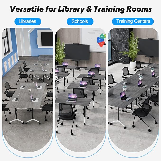 Goakwwuz Conference Room Table, Folding Conference Tables,Thicken Grey Tabletop,Flip Top Wooden Seminar Meeting Room Table for Conference Room Offices (6, Grey, 47.2“)