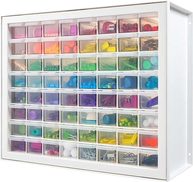 IRIS USA Bead Organizer Storage Bin Drawer Cabinet, 64-Drawer Plastic Organization Chest for Screws Bolts Nails Hardware Small Parts Electronics Charm Tools Scrapbook Art Craft Hobby Supplies - White