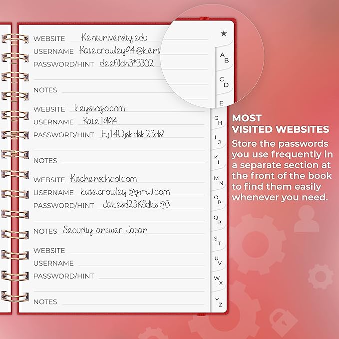 Clever Fox Password Book Spiral – Internet Address & Password Organizer with Laminated Alphabetical Tabs – Password Keeper Journal – Hardcover, Medium Size, 6.1x7.7” (Red)