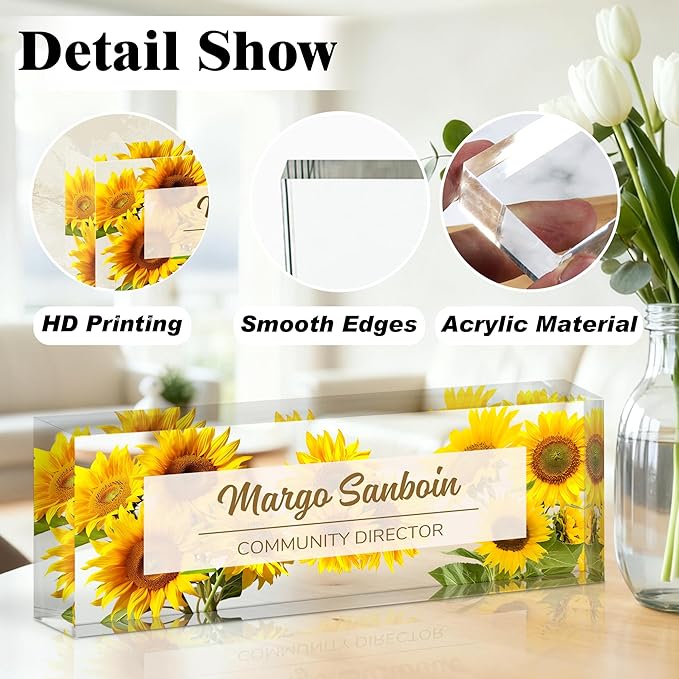 Ship Next Day-Custom Name Plate for Desk, Desk Name Plate Personalized, Acrylic Office Desk Accessories, Appreciation Gifts for Coworkers Employee Boss Teachers Women Men (Sunflower)