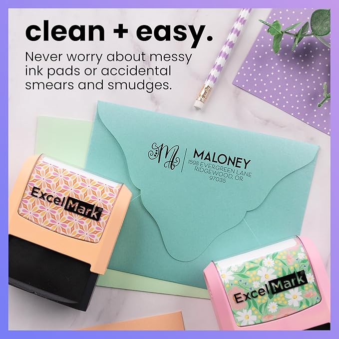 ExcelMark Address Stamp - Custom Return Address Stamp with Elegant Designs, Vibrant Colors & Patterns – Perfect for Mail, Invitations & Gifts (Black Mount, Script Swirl)