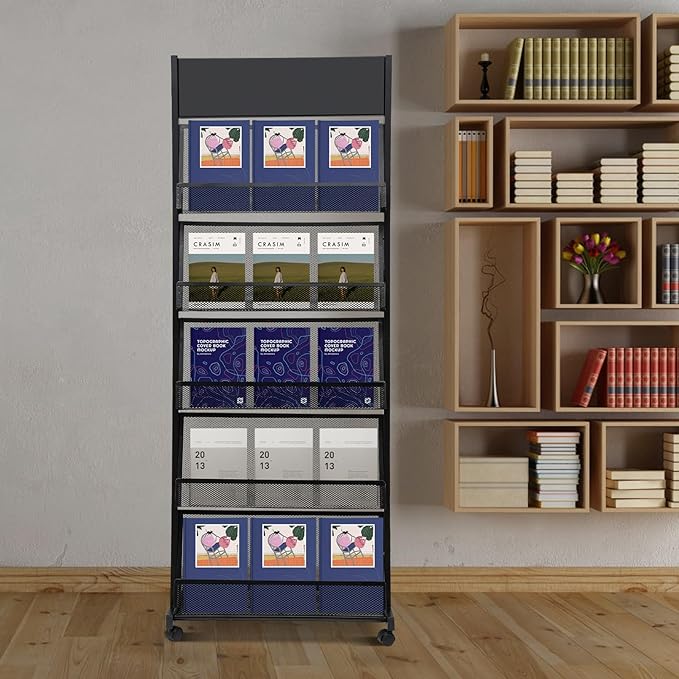 Magazine Display Stand, Magazine Holder with 4 Wheels, Screwdriver and Spanner for Shops, Christmas-Themed Shops, Offices, Living Rooms