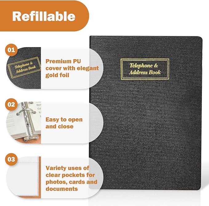 Refillable Address Book Binder with Alphabetical Tabs, 648 Entry Space Large Print Telephone Book, PU Leather Contact Book with Tabs & Pockets & Pen for Seniors Office Home