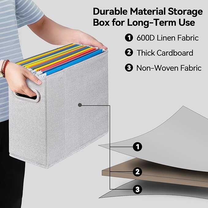 ComfortKeeper 4 Packs Letter Size File Organizer, File Folders Organizer, Fabric Storage Box, Collapsible Paper Organizer with Metal Handle, Smooth PVC Rails, Only Box (Light Gray)