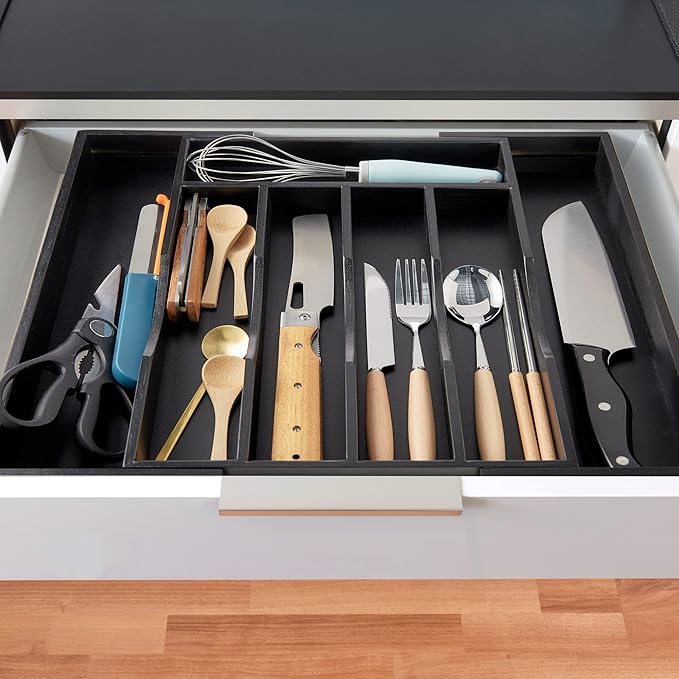 oridom Expandable Bamboo Kitchen Drawer Organizer for Cutlery and Utensils, Adjustable Bamboo Wood Cutlery Tray in Drawer for Flatware and Silverware in Kitchen, (Black)