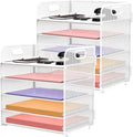 2 Pack 5-Tier White Desk Organizer with Handle Mesh Desk File/Paper Organizer Letter Tray for Office, School and Home Easy Installation