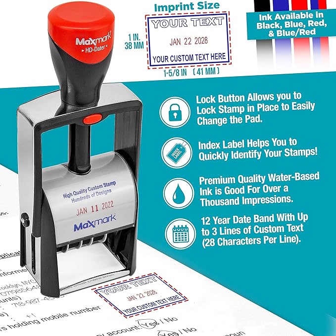 MaxMark Heavy Duty Self Inking Date Stamp with Phrase Revised - Blue Ink