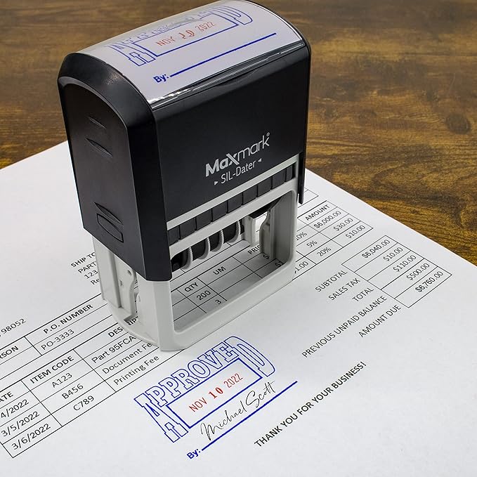 MaxMark Large Self-Inking Rubber Date Office Stamp with Approved Phrase & Date - Red Ink, 12-Year Band - Style 3