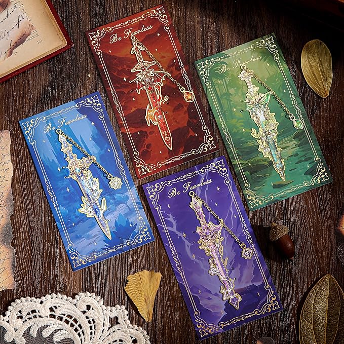 4pcs Fantasy Sword Bookmarks for Books, Journals, Planners - Cool Metal Book Markers for Reading Women & Men, Unique Book Marks Gifts for Book Lovers, Reading Accessories for Students & Adults & Kids
