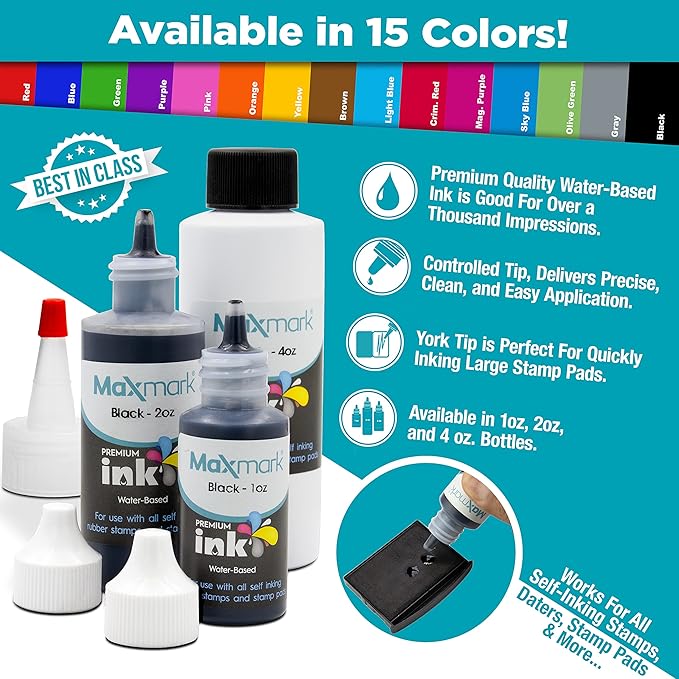 MaxMark Premium Refill Ink with Control Tip Bottle for Self-Inking Stamps, Crimson Red Color - 1 oz.