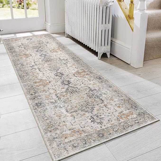 GENIMO Runner Rug 2'6"x5 Machine Washable Non Slip Vintage Hallway Runner Rug, Low Pile Lightweight Rugs for Indoor Entryway, Hallway, Kitchen and Corridor, Light Taupe Brown