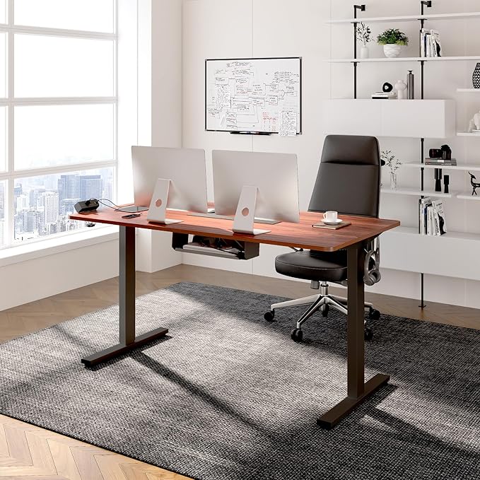 FLEXISPOT EN2 Whole-Piece Standing Desk with Clamp Power Strip, 48 x 24'' Electric Stand Up Height Adjustable Desk with Cable Management (Black + 48" Mohagany Top, 2 Packages)