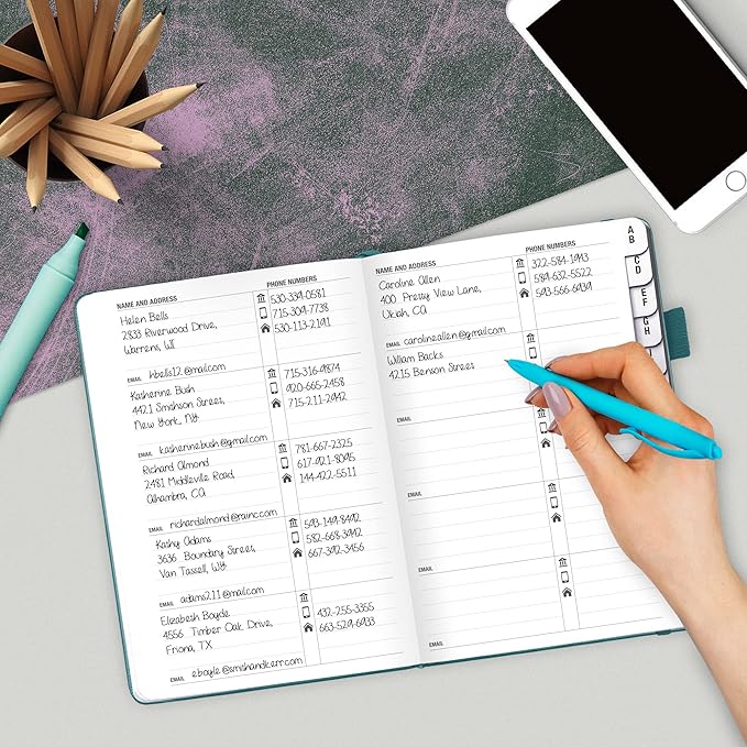 Legend Planner Address Book with Alphabetical Tabs –Telephone Contacts Book for Phone Numbers, Addresses, Passwords, Medium (Dark Teal)