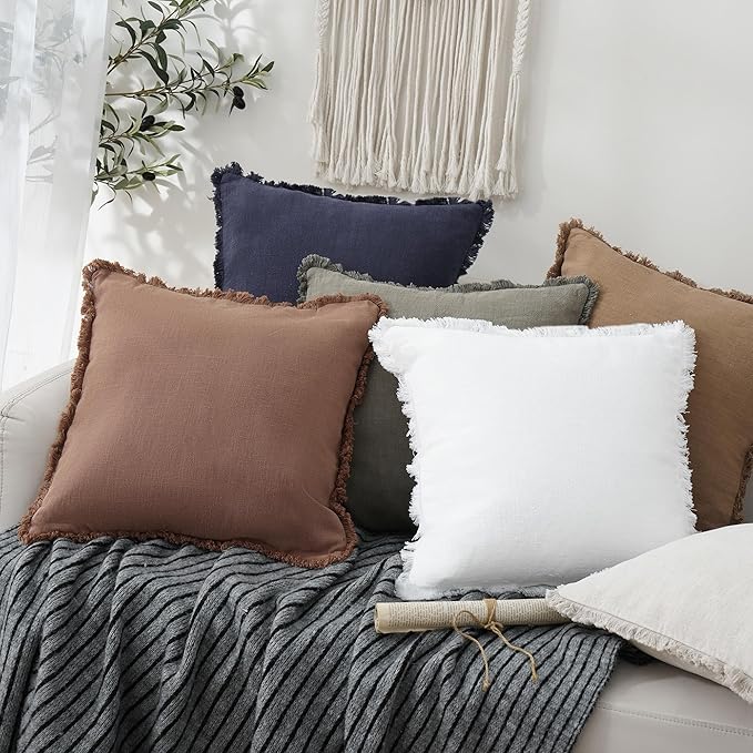 Foindtower Set of 2 Decorative Linen Fringe Throw Pillow Covers Cozy Boho Farmhouse Cushion Cover with Tassels Soft Accent Pillowcase for Couch Sofa Bed Living Room Home Decor, 22×22 Inch, Rust