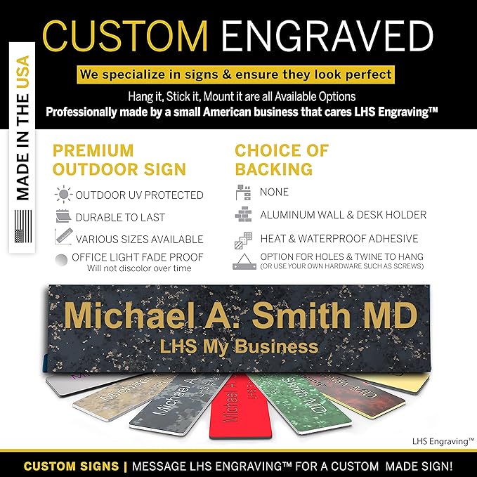 Engraved Custom Door Plate Charcoal Marble Pattern Plastic Office Door Sign with Gold Letters - Made in USA 2x12 - S6