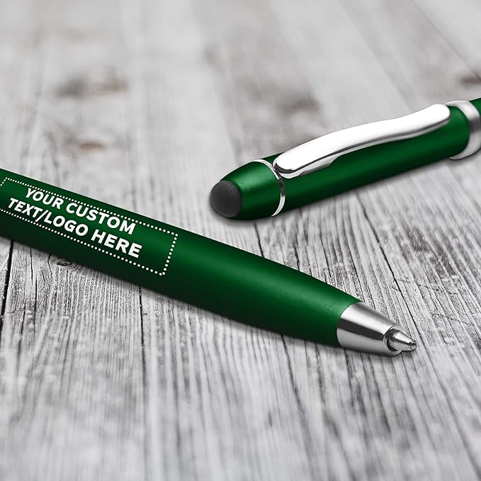 DISCOUNT PROMOS Custom Twist Action Plastic Stylus Pens, Set of 10, Personalized Bulk Pack - Pens for Work, Cool Pens for Writing, Black Ink - Green