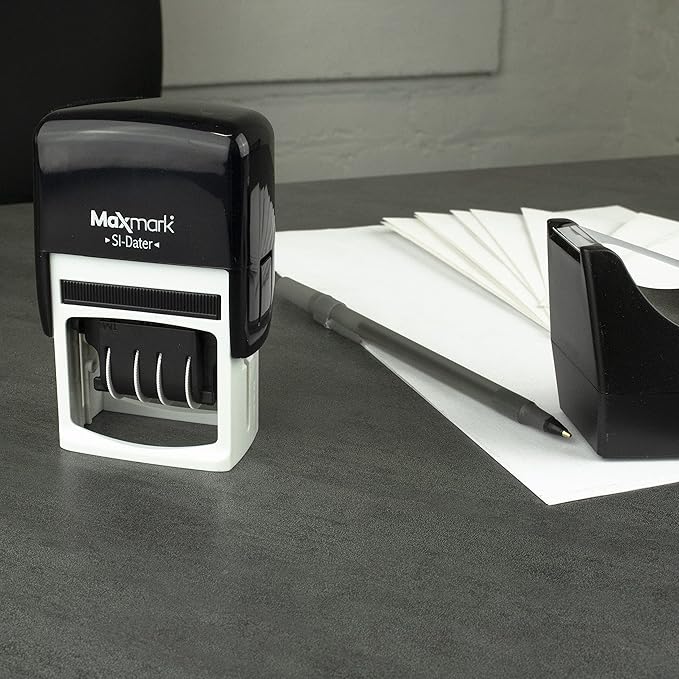 MaxMark Office Self Inking Date Stamp with Phrase Deposited - 2 Color Blue/Red Ink