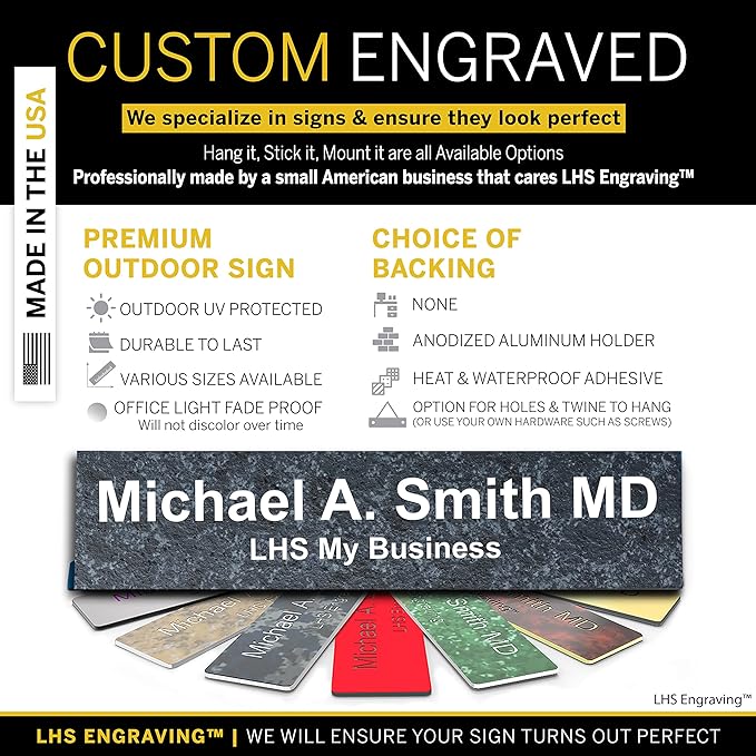 Personalized Name Plate with Choice of Mounting Holders for Walls, Doors, Cubicles, Hanging and More - Custom Mojave Black Plastic White Letters - USA Made 2x10 - N8