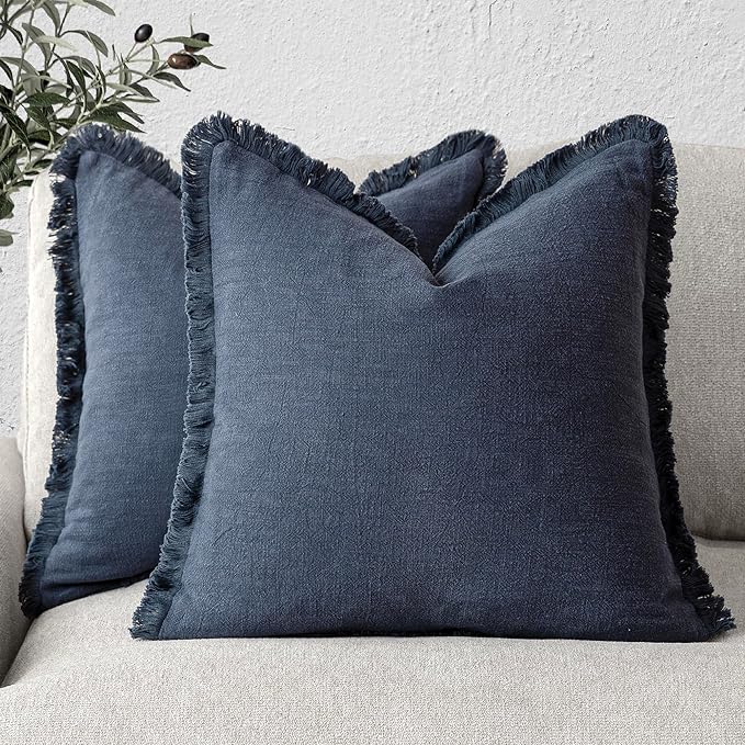 Foindtower Set of 2 Decorative Linen Fringe Throw Pillow Covers Cozy Boho Farmhouse Cushion Cover with Tassels Soft Accent Pillowcase for Couch Sofa Bed Living Room Home Decor, 16×16 Inch, Navy Blue