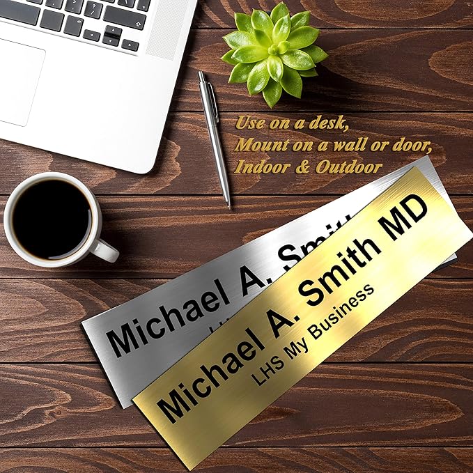 Custom Name Plate with Choice of Mounting for Walls, Doors, Desk Holders, Cubicles, Hanging and More - Personalized Gloss Black Plastic Gold Letters - USA Made 2x8 - B3