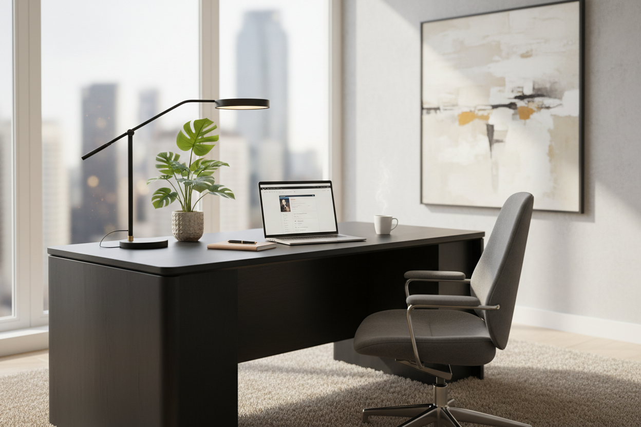 At DeskFlow Pro, we believe that your workspace shapes your workday. As part of the Remote Work Pro family, we specialize in premium desk solutions that upgrade your home office, enhance productivity, and bring elegance to every corner of your setup. Our mission is simple: to help remote professionals work smarter, comfortably, and in style. (make it real photo)