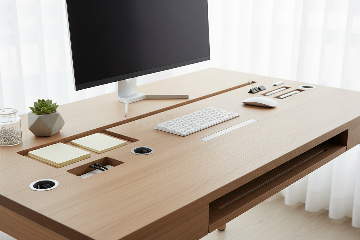 Smart Organization: Built-in cable management, storage compartments, and accessory slots to keep your desk clean and efficient. (make it real photo)